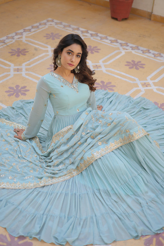 Jyoti Fashion Women's Sky Blue Faux Georgette Embroidered Partywear Anarkali Dress with Dupatta | Swadesiicart