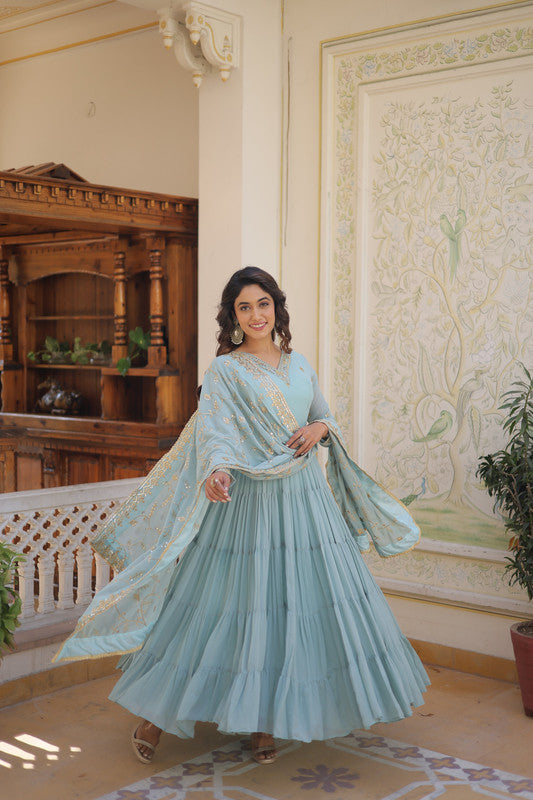 Jyoti Fashion Women's Sky Blue Faux Georgette Embroidered Partywear Anarkali Dress with Dupatta | Swadesiicart