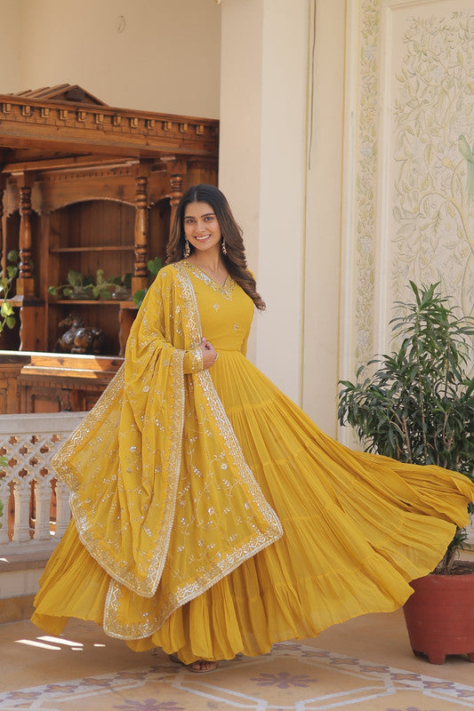 Jyoti Fashion Women's Yellow Faux Georgette Embroidered Partywear Anarkali Dress with Dupatta | Swadesiicart