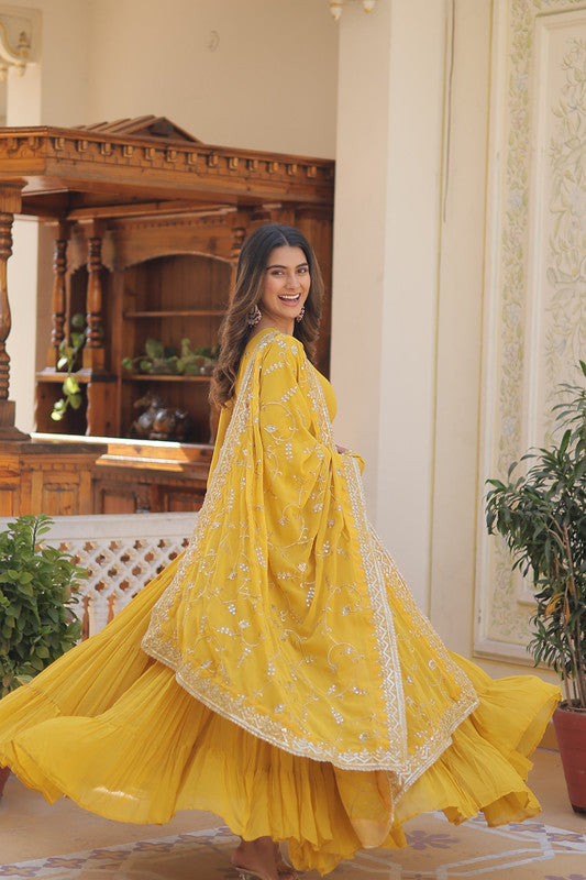 Jyoti Fashion Women's Yellow Faux Georgette Embroidered Partywear Anarkali Dress with Dupatta | Swadesiicart