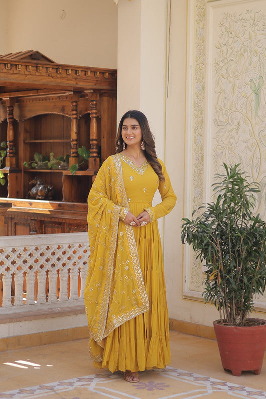 Jyoti Fashion Women's Yellow Faux Georgette Embroidered Partywear Anarkali Dress with Dupatta | Swadesiicart