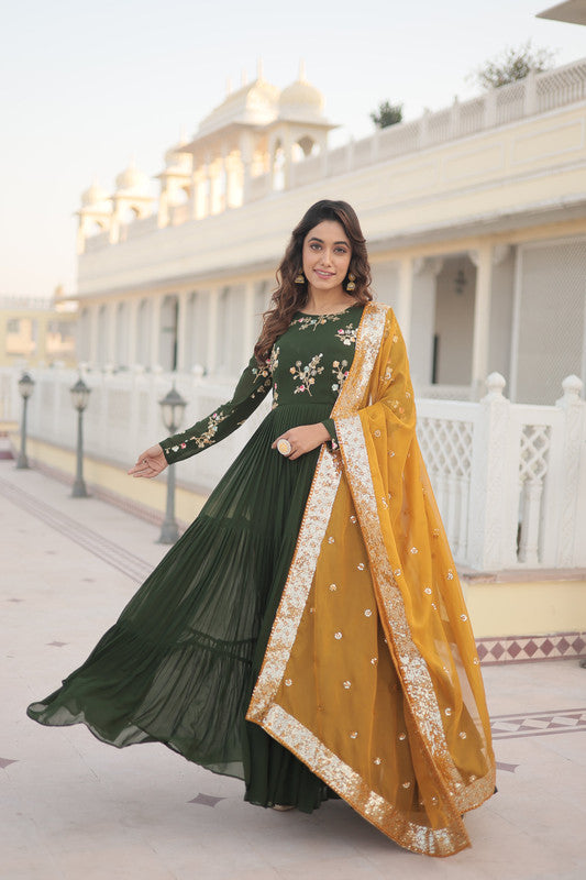 Jyoti Fashion Women's Green Faux Georgette Sequins Embroidered Partywear Anarkali Dress with Dupatta | Swadesiicart