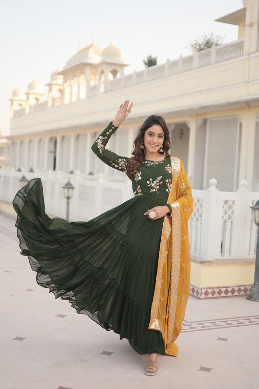 Jyoti Fashion Women's Green Faux Georgette Sequins Embroidered Partywear Anarkali Dress with Dupatta | Swadesiicart
