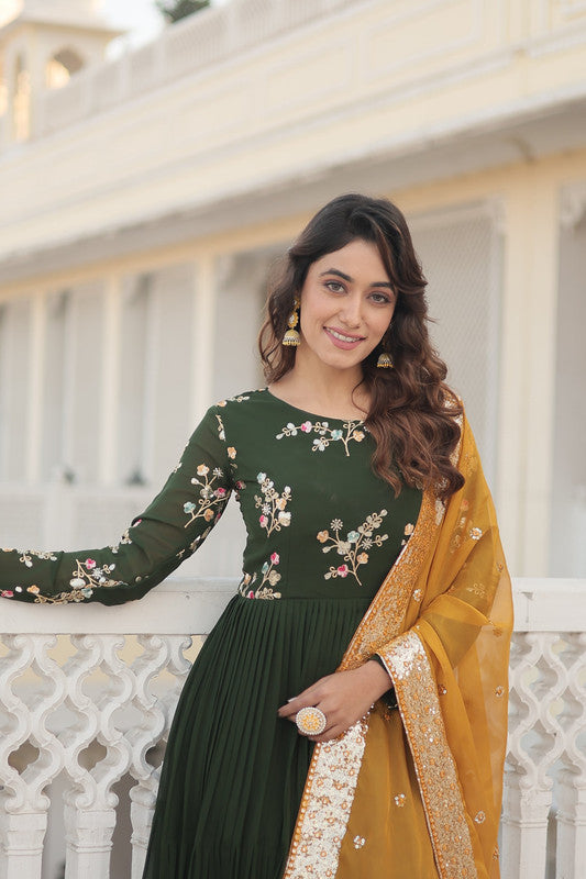 Jyoti Fashion Women's Green Faux Georgette Sequins Embroidered Partywear Anarkali Dress with Dupatta | Swadesiicart