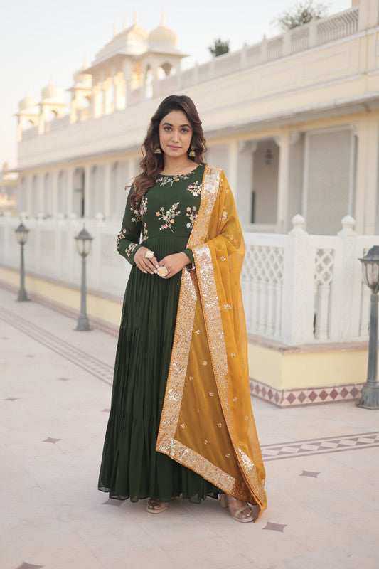 Jyoti Fashion Women's Green Faux Georgette Sequins Embroidered Partywear Anarkali Dress with Dupatta | Swadesiicart