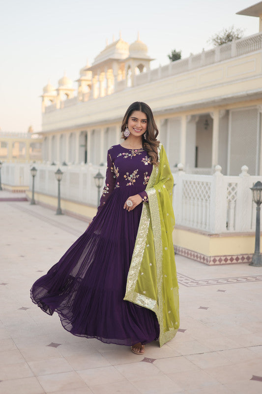 Jyoti Fashion Women's Wine Faux Georgette Sequins Embroidered Partywear Anarkali Dress with Dupatta | Swadesiicart