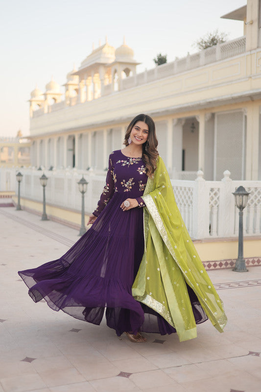 Jyoti Fashion Women's Wine Faux Georgette Sequins Embroidered Partywear Anarkali Dress with Dupatta | Swadesiicart