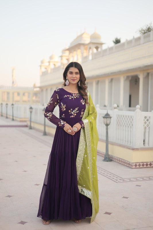 Jyoti Fashion Women's Wine Faux Georgette Sequins Embroidered Partywear Anarkali Dress with Dupatta | Swadesiicart