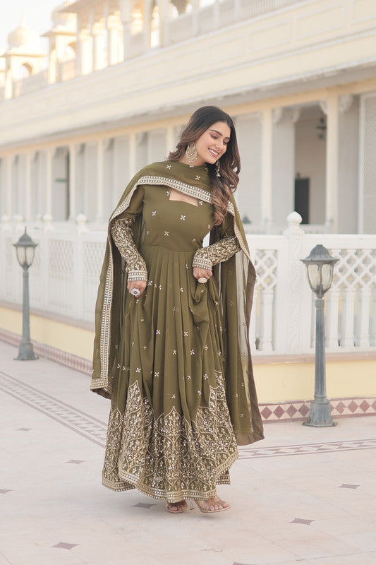 Jyoti Fashion Women's Mehendi Faux Georgette Sequins Embroidered Partywear Anarkali Dress with Dupatta | Swadesiicart