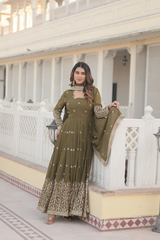 Jyoti Fashion Women's Mehendi Faux Georgette Sequins Embroidered Partywear Anarkali Dress with Dupatta | Swadesiicart