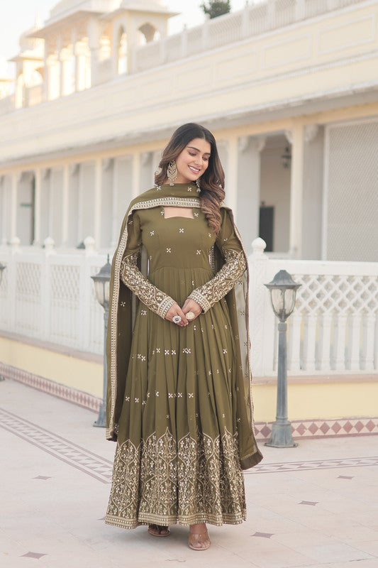Jyoti Fashion Women's Mehendi Faux Georgette Sequins Embroidered Partywear Anarkali Dress with Dupatta | Swadesiicart