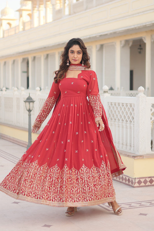 Jyoti Fashion Women's Gajri Faux Georgette Sequins Embroidered Partywear Anarkali Dress with Dupatta | Swadesiicart