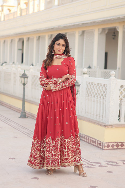 Jyoti Fashion Women's Gajri Faux Georgette Sequins Embroidered Partywear Anarkali Dress with Dupatta | Swadesiicart