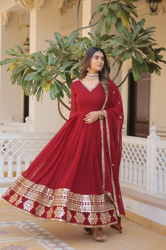 Jyoti Fashion Women's Maroon Faux Blooming Sequins Embroidered Partywear Anarkali Dress with Dupatta | Swadesiicart