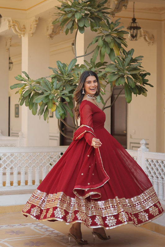 Jyoti Fashion Women's Maroon Faux Blooming Sequins Embroidered Partywear Anarkali Dress with Dupatta | Swadesiicart