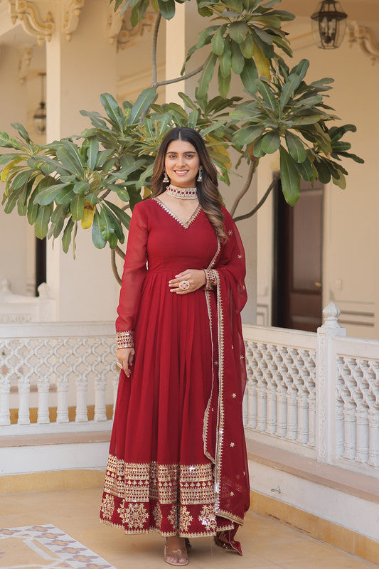 Jyoti Fashion Women's Maroon Faux Blooming Sequins Embroidered Partywear Anarkali Dress with Dupatta | Swadesiicart