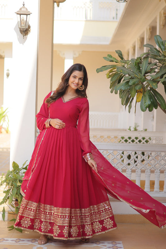Jyoti Fashion Women's Rani Pink Faux Blooming Sequins Embroidered Partywear Anarkali Dress with Dupatta | Swadesiicart
