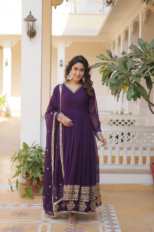 Jyoti Fashion Women's Purple Faux Blooming Sequins Embroidered Partywear Anarkali Dress with Dupatta | Swadesiicart
