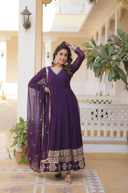 Jyoti Fashion Women's Purple Faux Blooming Sequins Embroidered Partywear Anarkali Dress with Dupatta | Swadesiicart
