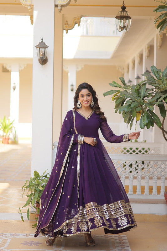 Jyoti Fashion Women's Purple Faux Blooming Sequins Embroidered Partywear Anarkali Dress with Dupatta | Swadesiicart