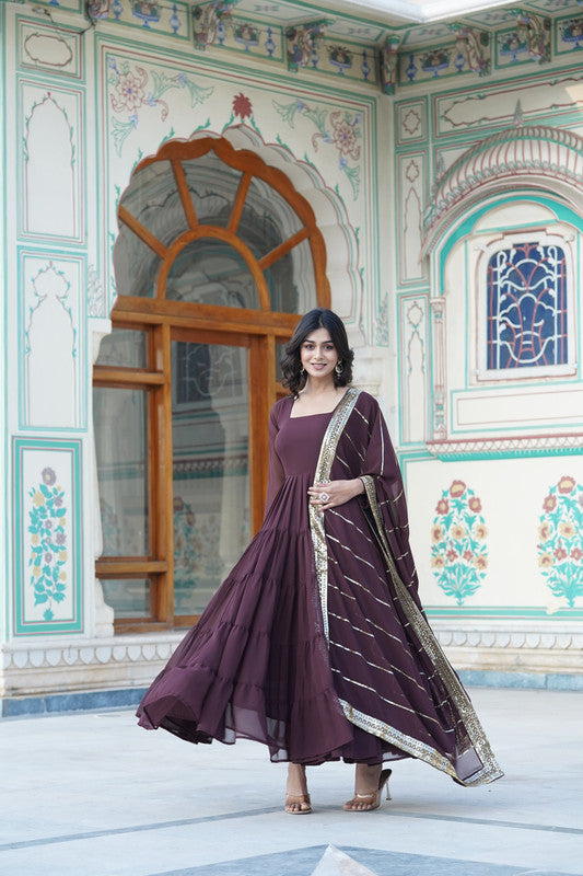 Jyoti Fashion Women's Coffee Faux Georgette Frill Work Partywear Anarkali Dress with Dupatta | Swadesiicart