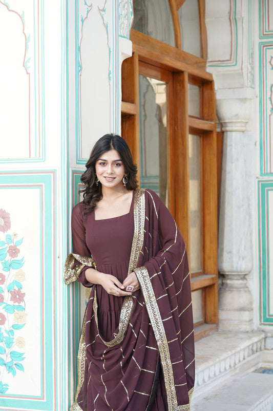 Jyoti Fashion Women's Coffee Faux Georgette Frill Work Partywear Anarkali Dress with Dupatta | Swadesiicart