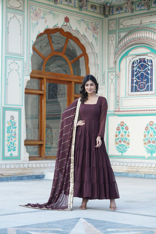 Jyoti Fashion Women's Coffee Faux Georgette Frill Work Partywear Anarkali Dress with Dupatta | Swadesiicart