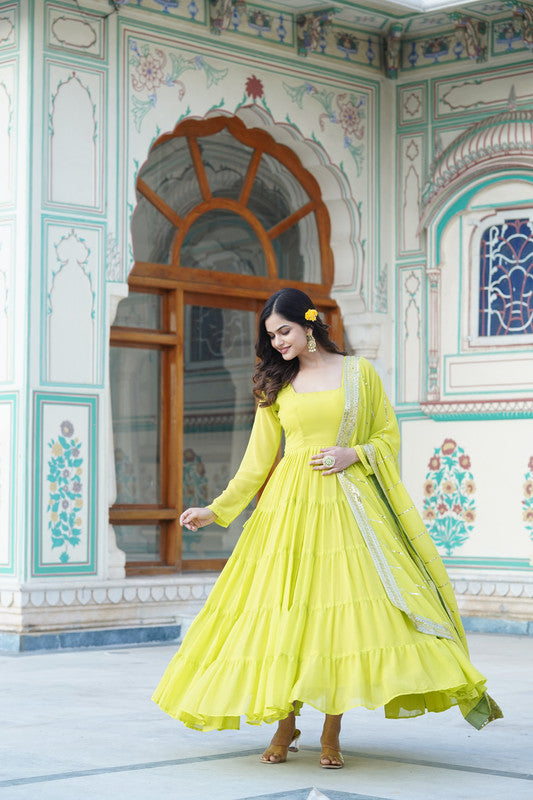 Jyoti Fashion Women's Parrot Green Faux Georgette Frill Work Partywear Anarkali Dress with Dupatta | Swadesiicart