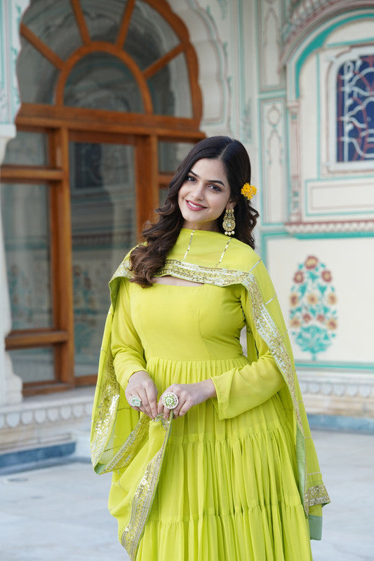 Jyoti Fashion Women's Parrot Green Faux Georgette Frill Work Partywear Anarkali Dress with Dupatta | Swadesiicart