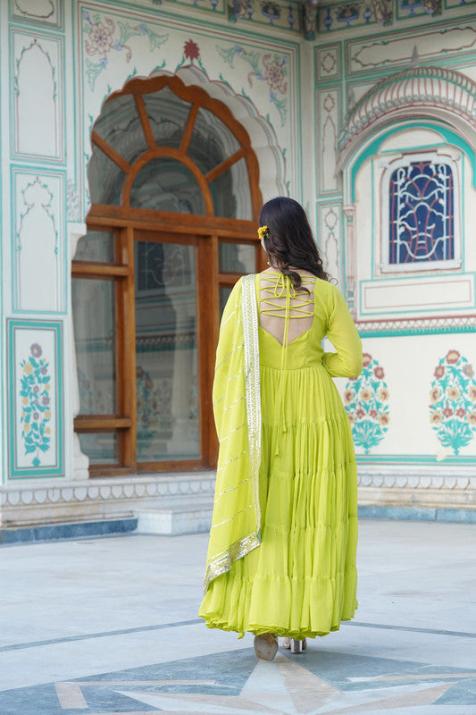 Jyoti Fashion Women's Parrot Green Faux Georgette Frill Work Partywear Anarkali Dress with Dupatta | Swadesiicart