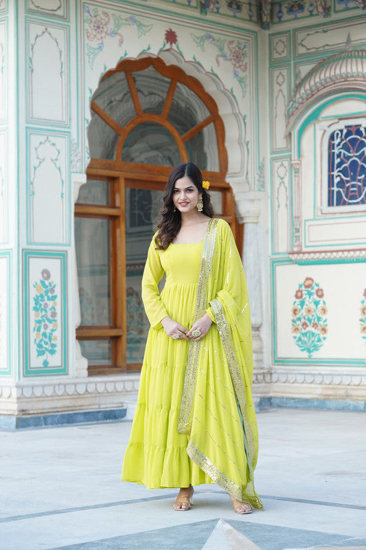Jyoti Fashion Women's Parrot Green Faux Georgette Frill Work Partywear Anarkali Dress with Dupatta | Swadesiicart