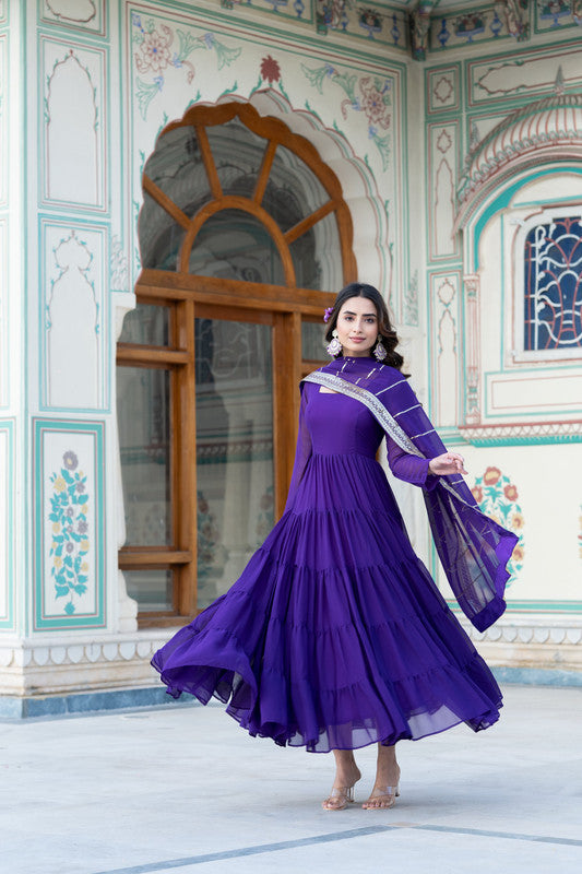 Jyoti Fashion Women's Purple Faux Georgette Frill Work Partywear Anarkali Dress with Dupatta | Swadesiicart