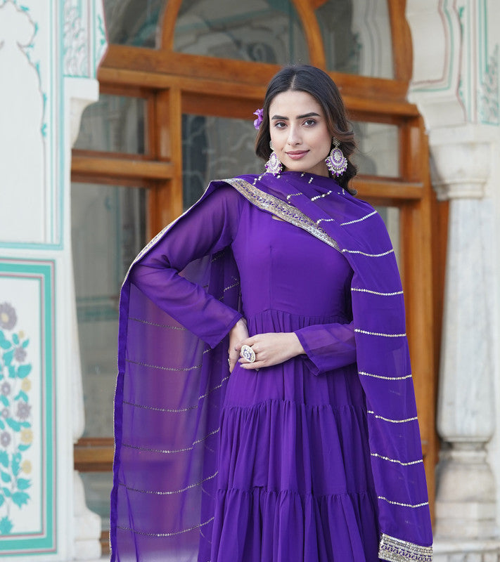 Jyoti Fashion Women's Purple Faux Georgette Frill Work Partywear Anarkali Dress with Dupatta | Swadesiicart