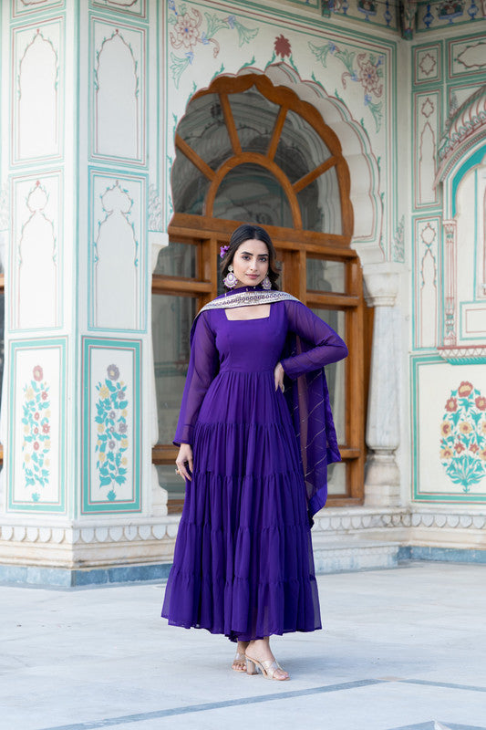 Jyoti Fashion Women's Purple Faux Georgette Frill Work Partywear Anarkali Dress with Dupatta | Swadesiicart