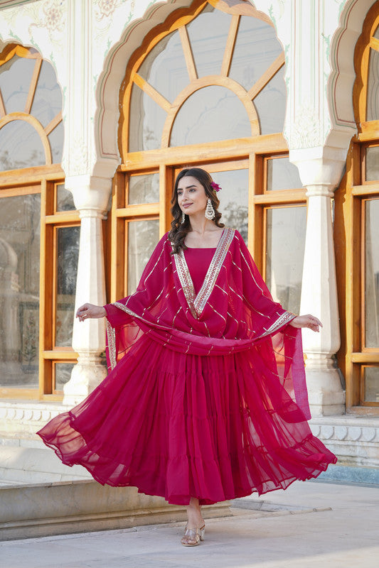 Jyoti Fashion Women's Rani Pink Faux Georgette Frill Work Partywear Anarkali Dress with Dupatta | Swadesiicart