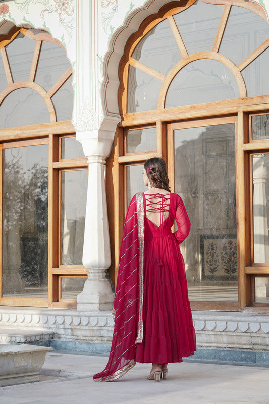 Jyoti Fashion Women's Rani Pink Faux Georgette Frill Work Partywear Anarkali Dress with Dupatta | Swadesiicart