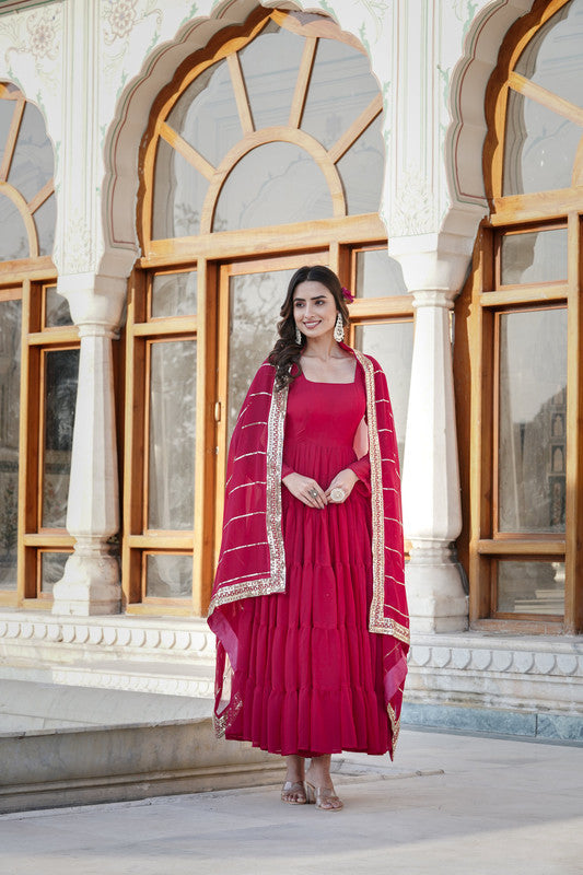 Jyoti Fashion Women's Rani Pink Faux Georgette Frill Work Partywear Anarkali Dress with Dupatta | Swadesiicart