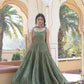 Jyoti Fashion Women's Green Faux Georgette Frill Work Partywear Anarkali Dress with Dupatta | Swadesiicart