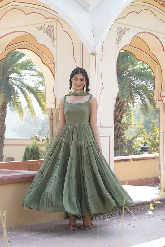 Jyoti Fashion Women's Green Faux Georgette Frill Work Partywear Anarkali Dress with Dupatta | Swadesiicart