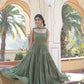 Jyoti Fashion Women's Green Faux Georgette Frill Work Partywear Anarkali Dress with Dupatta | Swadesiicart