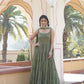 Jyoti Fashion Women's Green Faux Georgette Frill Work Partywear Anarkali Dress with Dupatta | Swadesiicart