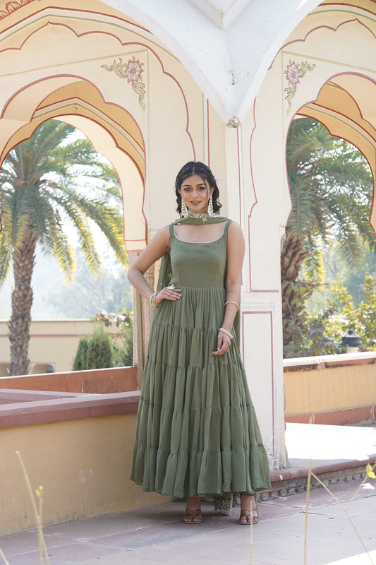 Jyoti Fashion Women's Green Faux Georgette Frill Work Partywear Anarkali Dress with Dupatta | Swadesiicart