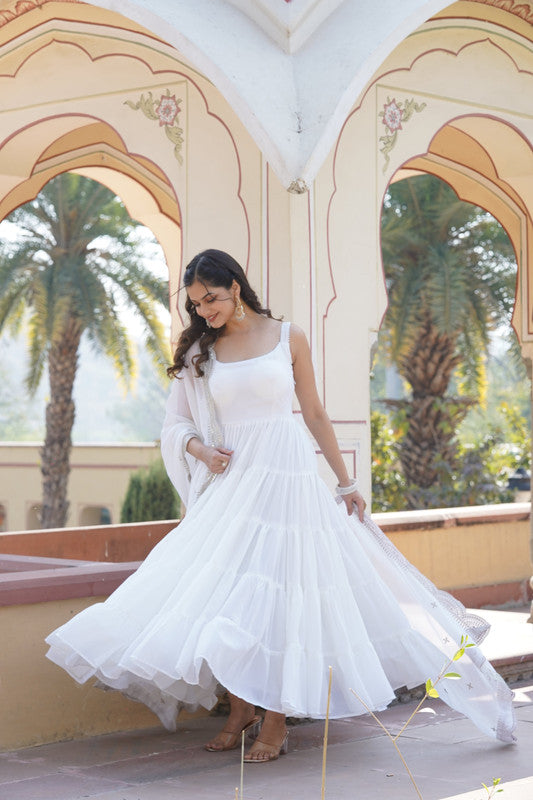 Jyoti Fashion Women's White Faux Georgette Frill Work Partywear Anarkali Dress with Dupatta | Swadesiicart