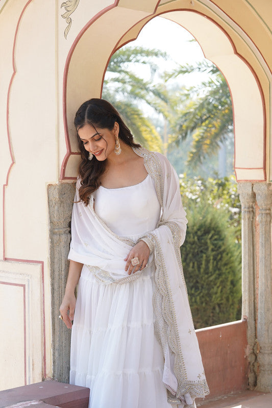 Jyoti Fashion Women's White Faux Georgette Frill Work Partywear Anarkali Dress with Dupatta | Swadesiicart