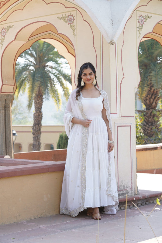 Jyoti Fashion Women's White Faux Georgette Frill Work Partywear Anarkali Dress with Dupatta | Swadesiicart