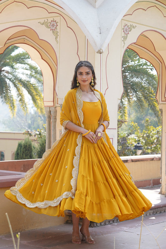 Jyoti Fashion Women's Yellow Faux Georgette Frill Work Partywear Anarkali Dress with Dupatta | Swadesiicart