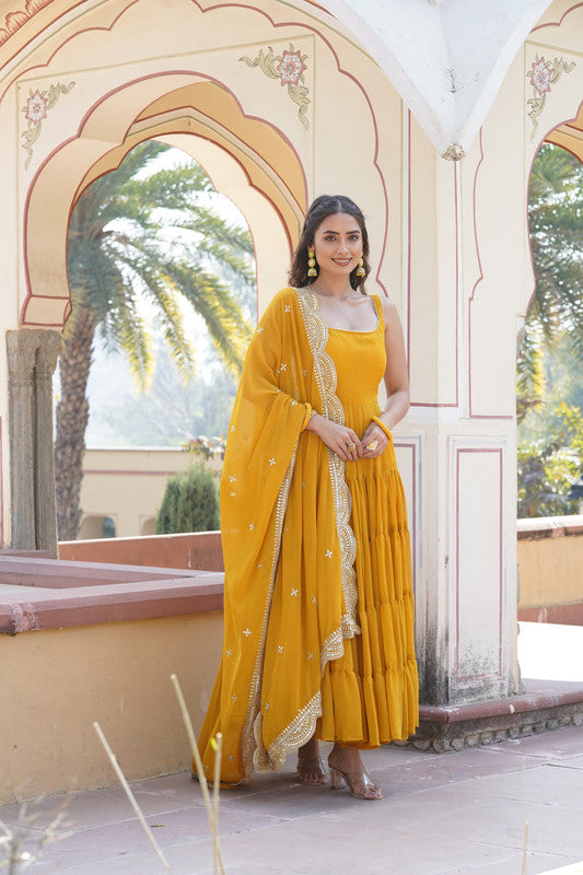 Jyoti Fashion Women's Yellow Faux Georgette Frill Work Partywear Anarkali Dress with Dupatta | Swadesiicart