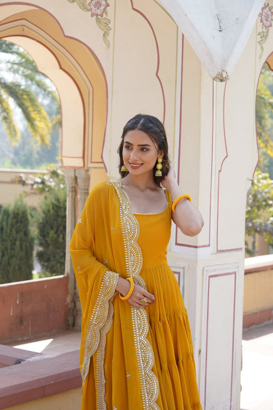 Jyoti Fashion Women's Yellow Faux Georgette Frill Work Partywear Anarkali Dress with Dupatta | Swadesiicart