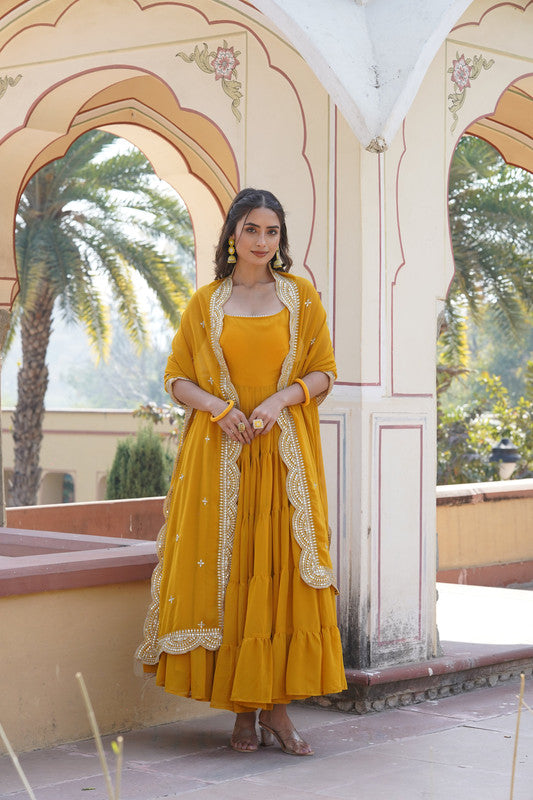 Jyoti Fashion Women's Yellow Faux Georgette Frill Work Partywear Anarkali Dress with Dupatta | Swadesiicart