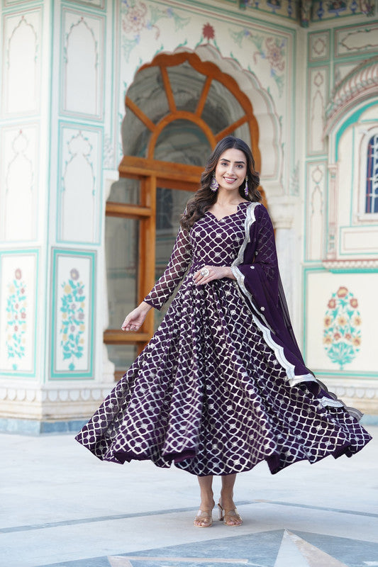 Jyoti Fashion Women's Wine Faux Blooming Sequins Embroidered Partywear Anarkali Dress with Dupatta | Swadesiicart